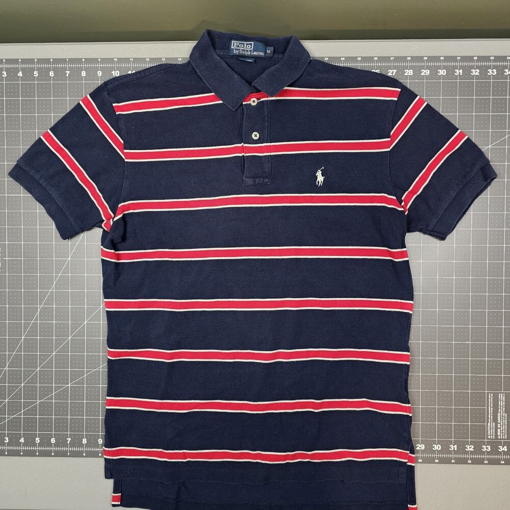 Polo Ralph Lauren Shirt Medium Blue Striped Cotton Golf Preppy Academia Retro